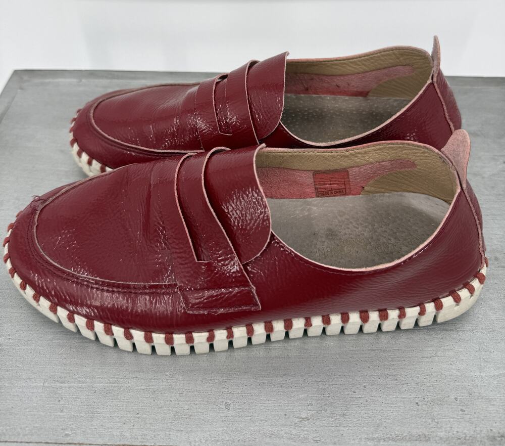 Ilse Jacobsen Tulip Patent Penny Loafers Women 38 US 7.5 Red Burgundy Danish